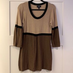 Long sweater, tan & brown with black trim. Size M.
